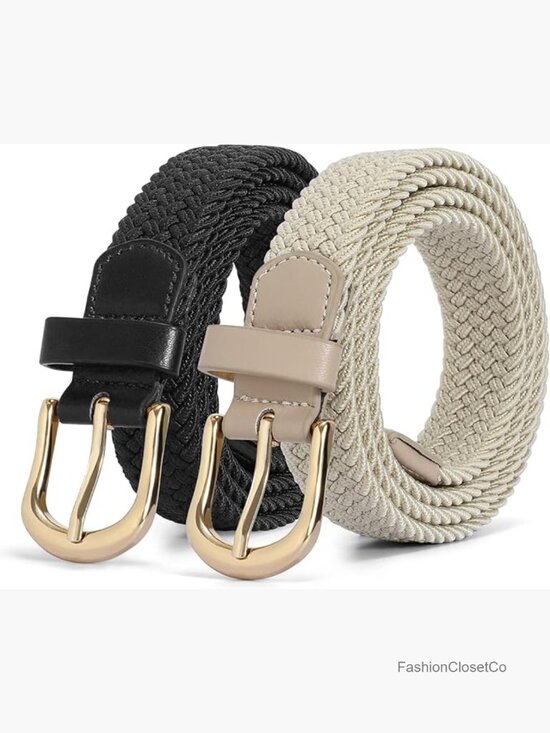 Woven Elastic Braided Stretch Belts with Gold Buckle - 2 Pack
